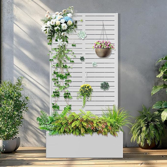Metal Raised Garden Bed with Trellis, 2 in 1 Trellis with Planter Box & Privacy Screen for Climbing Plants, Vine, Outdoor Standing Flower Beds with Drainage Holes, 35.4" L x 15.7" W x 70.9" H, White