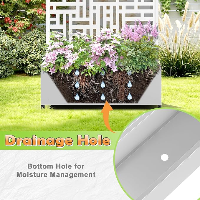 Metal Raised Garden Bed with Trellis, 2-in-1 Planter Box & Privacy Screen for Climbing Plants, Outdoor Standing Flower Bed with Drainage Holes, 35.4" L x 15.7" W x 70.1" H, White-Helen