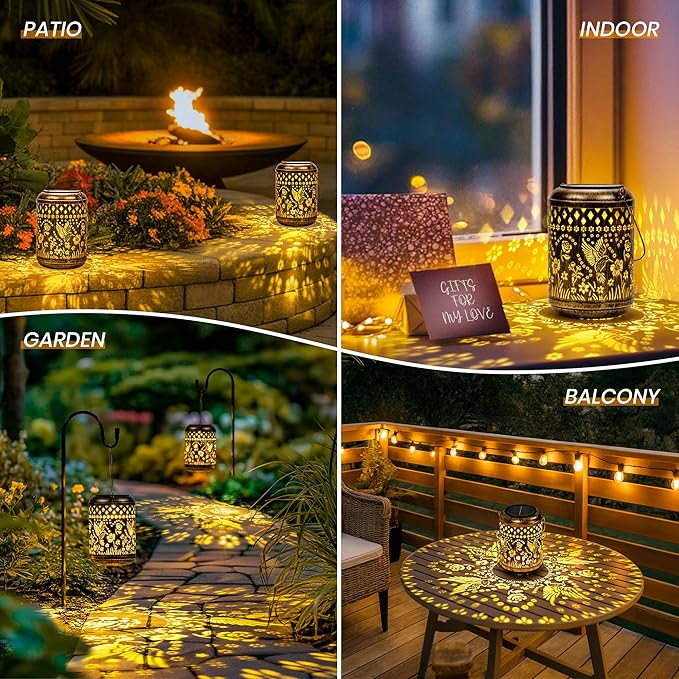 Hummingbird Gifts Outdoor Solar Lanterns, 2 Pack Garden Decor for Outside, Hanging Solar Lanterns Decorative Gifts for Women Birthday Unique Vintage Table Metal Lights for Yard, Patio, Balcony