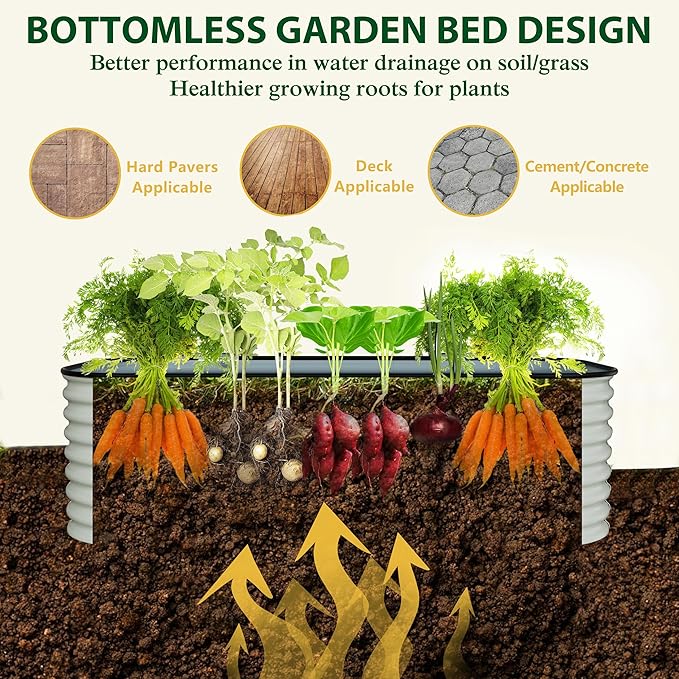 MUPATER 24''H Modular Garden Bed Outdoor for Vegetables, 9-in-1 Galvanized Steel Planter Box with 2 Aluminum Support Rods, 6x3x2FT Raised Garden Bed Kit Oval for Herbs and Flowers, Garden, Beige