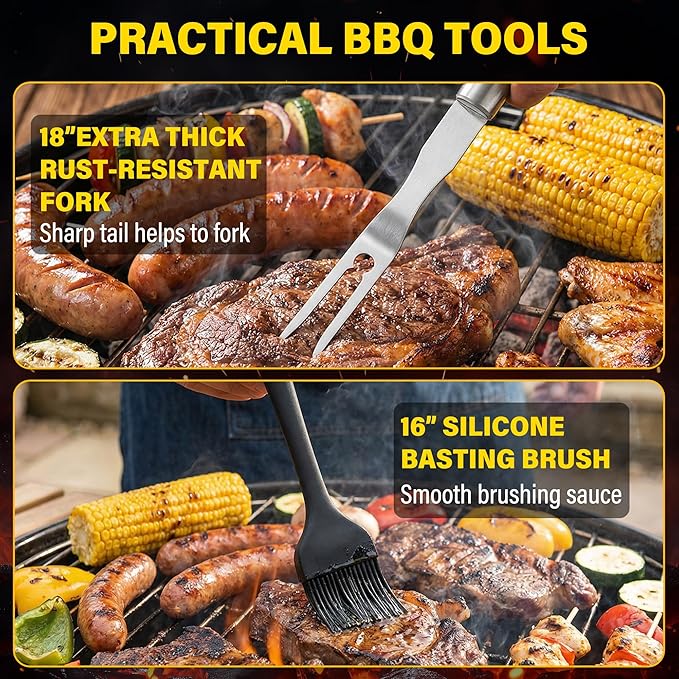 Yekale BBQ Grill Accessories Set, Grill Tools Grilling Accessories Grilling Gifts for Men - Spatula, Fork, Brush, Tongs & Cleaning Brush - Outdoor Barbecue Utensils Gifts for Men Dad Him (Sliver)