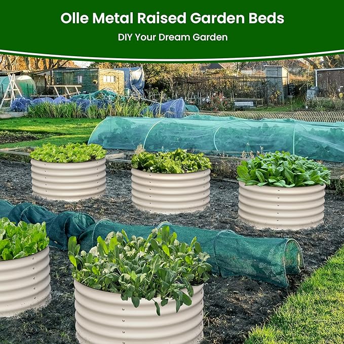 Olle Twin Round Raised Beds for Gardening, Galvanized Planter Box for Vegetables, Metal Raised Garden Bed Easy Setup Round Metal Raised Bed for Urban Farming, Ivory 24" X 17"
