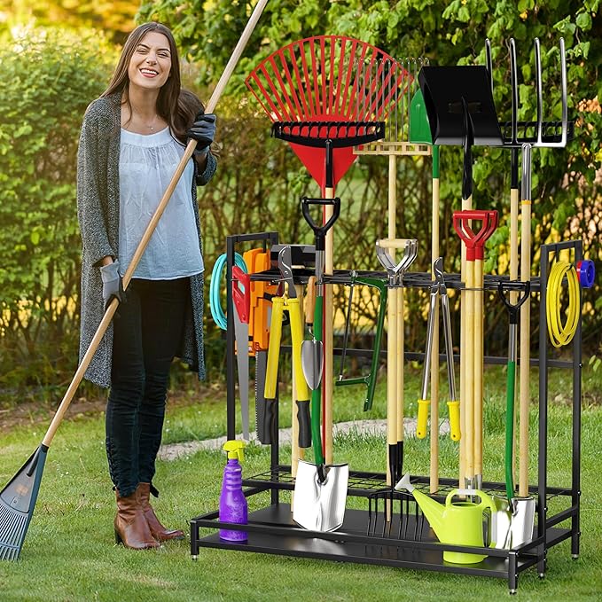 VGMiu Garden Tool Organizer for Garage, Yard Tool Rack, Holds Up to 64 Long-Handled Tools, Black Metal Garden Tools Rack Storage with Hooks for Yard Shed Garage Organization