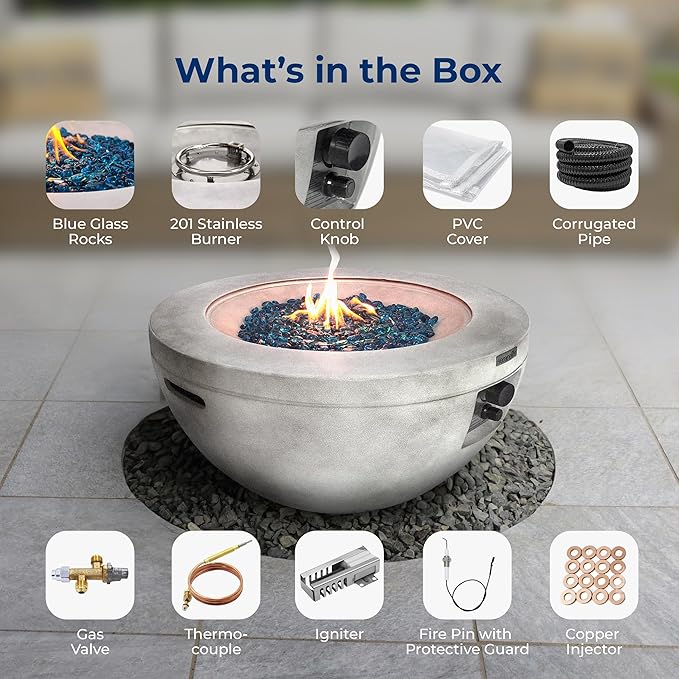 SereneLife SLNFBAL7 Propane Fire Pit Table – 40,000 BTU Outdoor Gas Fire Table w/Adjustable Flame Control, CSA/ETL Certified, Weather-Resistant, Thermocouple Safety, PVC Cover & Lava Rocks
