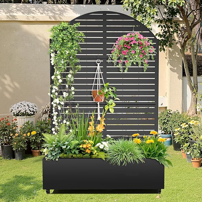 Metal Raised Garden Bed with Trellis, 2-in-1 Planter Box & Privacy Screen for Climbing Plants, Outdoor Standing Flower Bed with Drainage Holes, 47.2" L x 16.7" W x 70.8" H, Black-Louvered