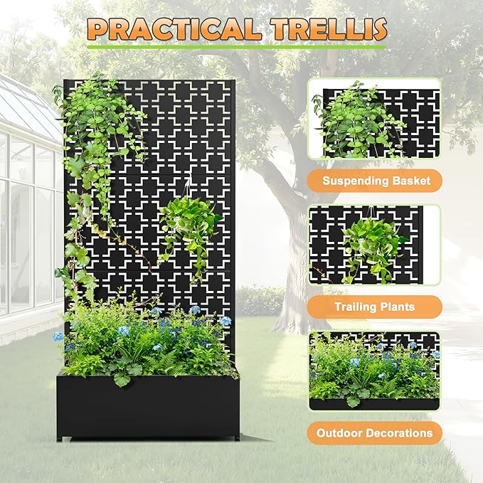 Metal Raised Garden Bed with Trellis, 2-in-1 Planter Box & Privacy Screen for Climbing Plants, Outdoor Standing Flower Bed with Drainage Holes, 35.4" L x 15.7" W x 70.1" H, Black-Square