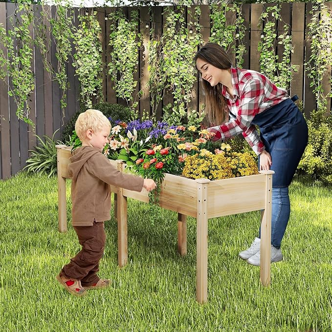 Raised Garden Bed with Legs, Elevated Planter Box with Divider & 8 Drainage Holes, Fir Wood Garden Box for Vegetables, Flowers, Fruits & Herbs (Natural)