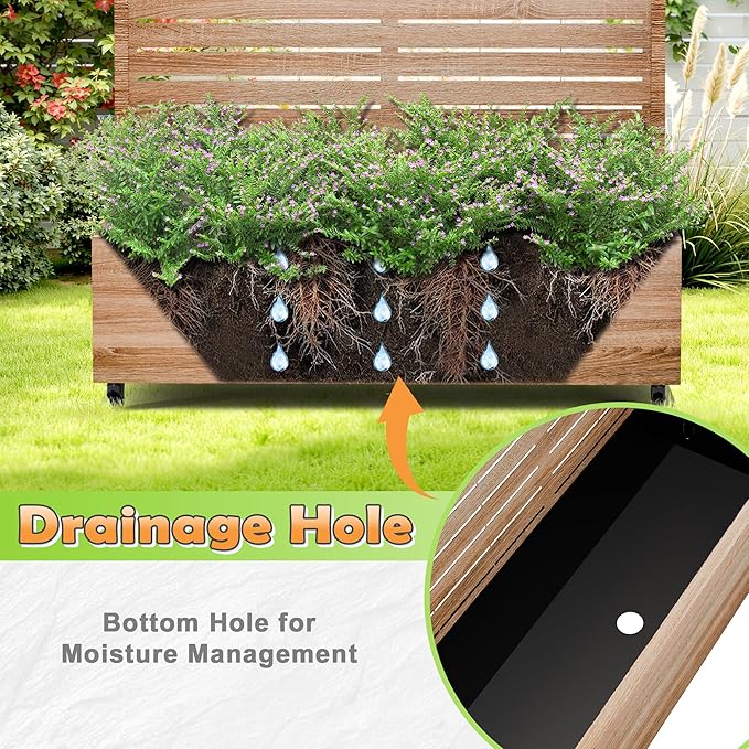 Metal Raised Garden Bed with Trellis, 2-in-1 Planter Box & Privacy Screen for Climbing Plants, Outdoor Standing Flower Bed with Drainage Holes, 47.2" L x 16.7" W x 70.8" H, Cut Oak Grain