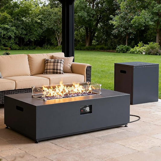 42" Propane Fire Pit Table Set with Tank Holder, Rectangle 2-Piece Outdoor Firepit Wind Guard, Lid, Glass Stones and Cover