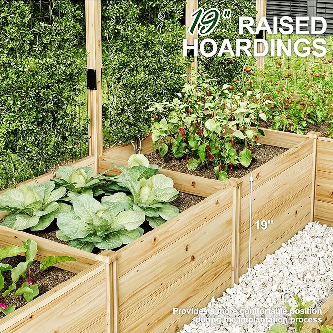AMERLIFE Raised Garden Bed with Deer Proof Fence, 7.5Wx9Dx6H Outdoor Wooden Raised Garden Bed Planter with 19" Depth Planter Box