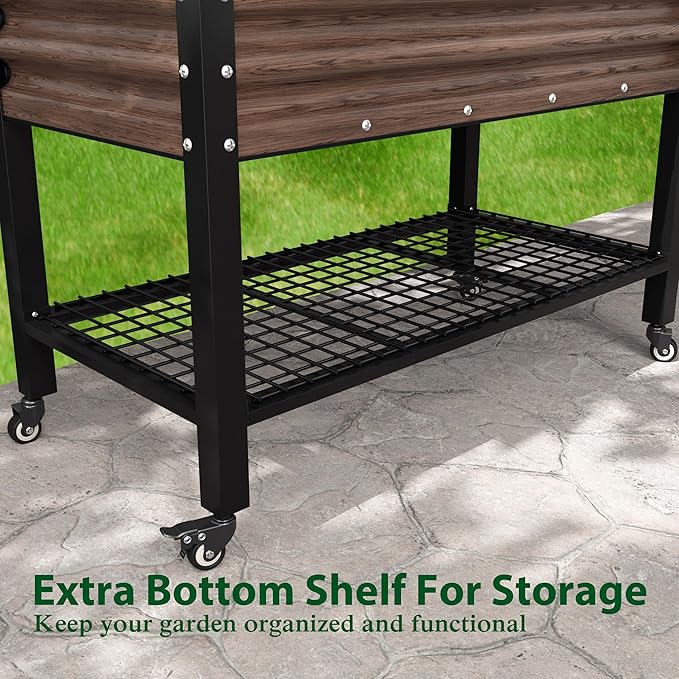 MUPATER 48" L x 24" W x 34" H Galvanized Steel Raised Garden Bed, 507lbs Capacity Large Metal Elevated Raised Planter Box with Rolling Casters & Extra Bottom Shelf for Patio, Balcony, Rustic