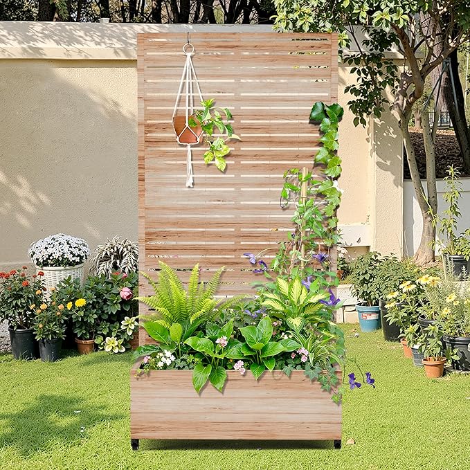 Metal Raised Garden Bed with Trellis, 2-in-1 Planter Box & Privacy Screen for Climbing Plants, Outdoor Standing Flower Bed with Drainage Holes, 35.4" L x 15.7" W x 70.1" H, Acacia Wood Grain