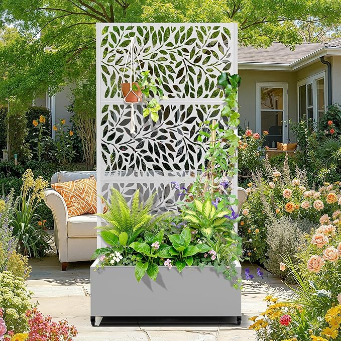 Metal Raised Garden Bed with Trellis, 2 in 1 Trellis with Planter Box & Privacy Screen for Climbing Plants, Vine, Outdoor Standing Flower Beds with Drainage Holes, 35.4"L x 15.7"W x 70.10"H,(White)