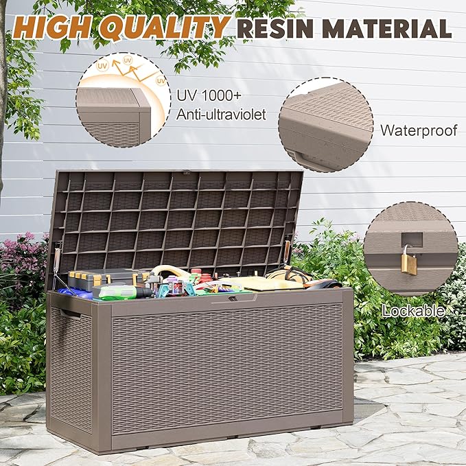 NBYSGO Outdoor Storage Box, Resin Deck Boxes Indoor and outdoor, Waterproof Storage Box Lockable Lid (Grey, 110 Gallon)