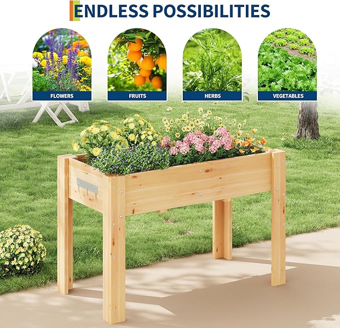 GarveeLife 47x30x22 Inch Raised Garden Bed with Legs & Hooks – Elevated Wood Planter Box Stand (4x2.5x1.8 Ft) for Vegetables & Herbs – Outdoor Patio & Backyard Planter with Non-Woven Liner