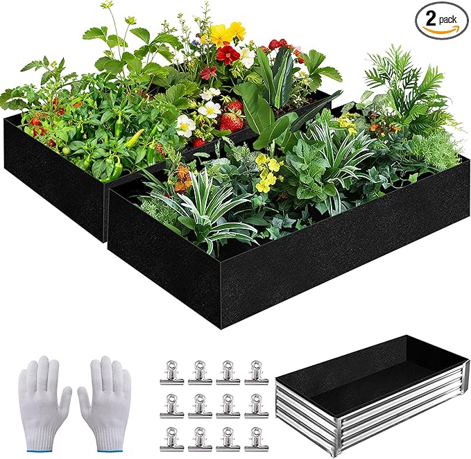 2 Sets 4 x 2 x 1 ft Raised Garden Bed Liner Bag, Breathable Grow Bed Fabric Liners with Clips and Gloves, Garden Box Non Woven Bag for Outdoor Plants Growth Keep Soil Isolation (Rectangular)