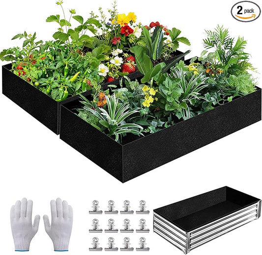 2 Sets 4 x 2 x 1 ft Raised Garden Bed Liner Bag, Breathable Grow Bed Fabric Liners with Clips and Gloves, Garden Box Non Woven Bag for Outdoor Plants Growth Keep Soil Isolation (Rectangular)