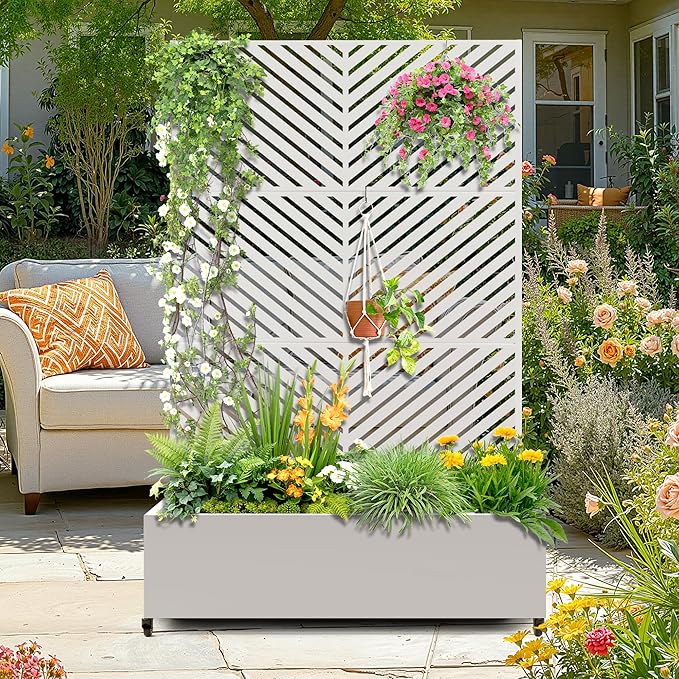 Metal Raised Garden Bed with Trellis, 2-in-1 Planter Box & Privacy Screen for Climbing Plants, Outdoor Standing Flower Bed with Drainage Holes, 47.2" L x 16.7" W x 70.8" H, White-Parallel