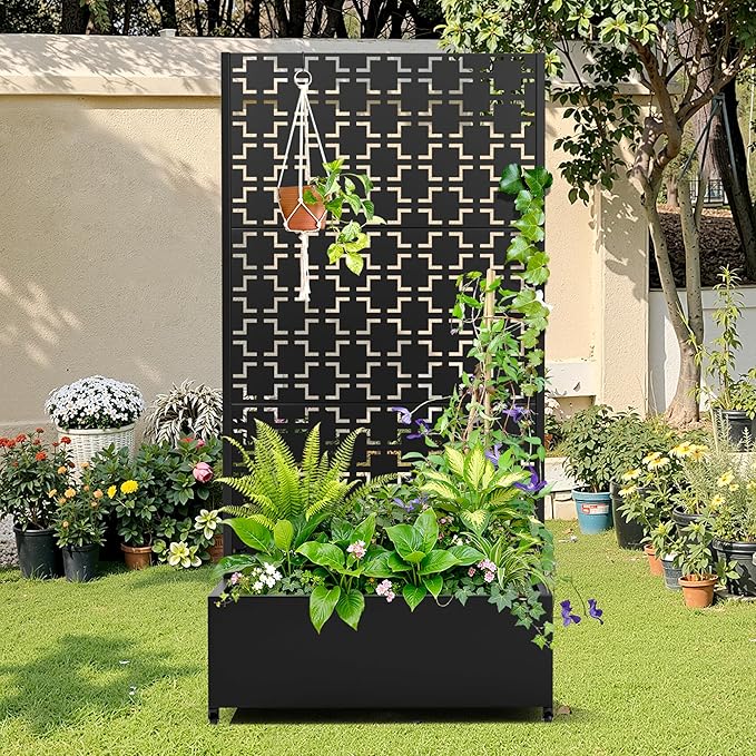 Metal Raised Garden Bed with Trellis, 2-in-1 Planter Box & Privacy Screen for Climbing Plants, Outdoor Standing Flower Bed with Drainage Holes, 35.4" L x 15.7" W x 70.1" H, Black-Square