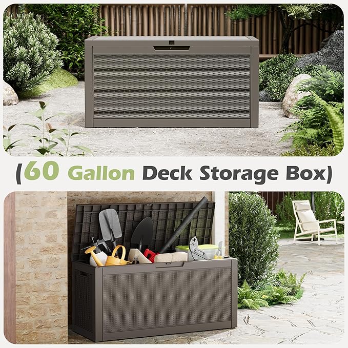 NBYSGO Outdoor Storage Box, Resin Deck Boxes Indoor and outdoor, Waterproof Storage Box Lockable Lid (Grey,60 Gallon)