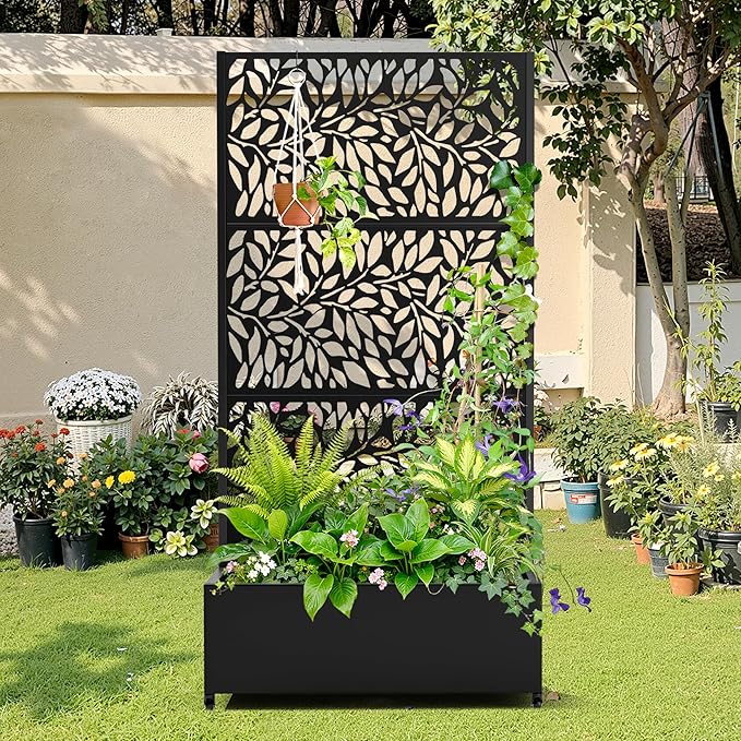 Metal Raised Garden Bed with Trellis, 2 in 1 Trellis with Planter Box & Privacy Screen for Climbing Plants, Vine, Outdoor Standing Flower Beds with Drainage Holes, 35.4"L x 15.7"W x 70.10"H,(Black)