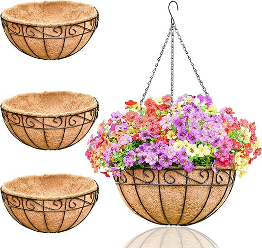 Hanging Planters for Outdoor Plants 4 Pack 12 inch Metal Hanging Flower Basket with Coco Coir Liner Wire Plant Holder Watering Flower Baskets Pot Hanger Garden Decoration for Indoor Outdoor(HBL)