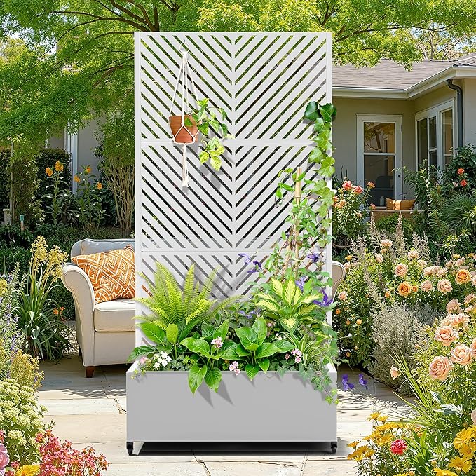 Metal Raised Garden Bed with Trellis, 2-in-1 Planter Box & Privacy Screen for Climbing Plants, Outdoor Standing Flower Bed with Drainage Holes, 35.4" L x 15.7" W x 70.1" H, White-Parallel