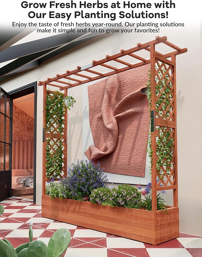 Raised Garden Bed with Trellis, Wood Planter Box with Hanging Roof & Drainage, Elevated Garden Bed for Climbing Plants, Vegetables, Flowers