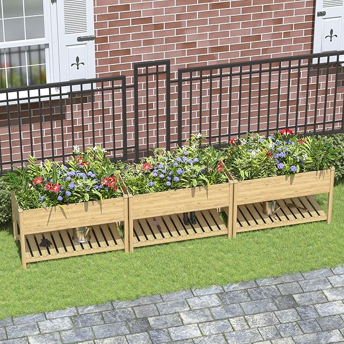 Kullavik 3 pcs Raised Garden Bed with Legs,Outdoor Elevated Cedar Wood Planter Box with Storage Shelf for Vegetables/Flowers/Herbs in Balcony/Backyard/Patio,220lb Capacity-Natural