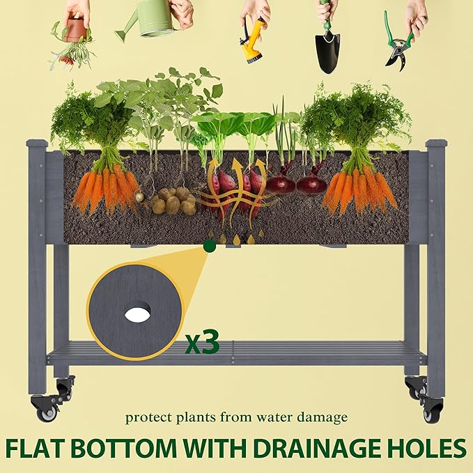 BlueWish 48" W x 24" D x 33" H Raised Garden Bed, Garden Bed with Detachable Black Liner, 3 Drainage Holes, Cedar Frame, 220 lbs Capacity, Planter Box for Outdoor, Patio, Backyard, Gray