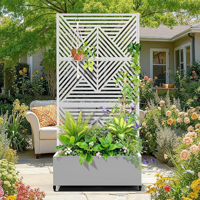 Metal Raised Garden Bed with Trellis, 2-in-1 Planter Box & Privacy Screen for Climbing Plants, Outdoor Standing Flower Bed with Drainage Holes, 35.4" L x 15.7" W x 70.1" H, White-Zodiac