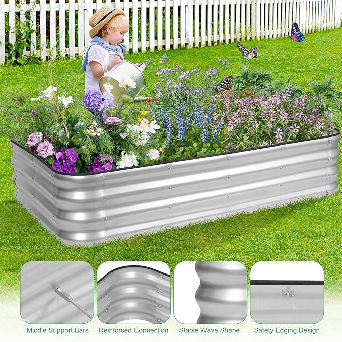1MORE Raised Garden Bed - 6X2X1 Galvanized Planter Box for Outdoor Gardening and Planting, Ideal for Vegetables and Plants.Sliver-1Pcak