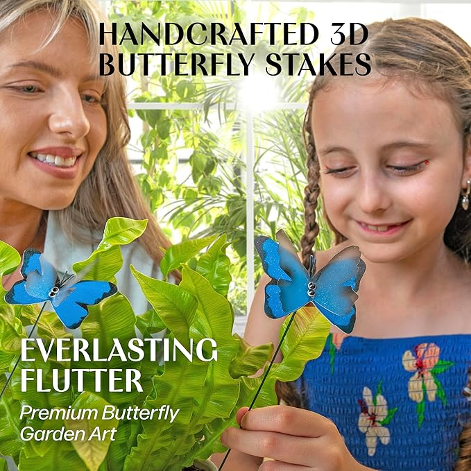 Handmade Blue Sky Butterfly Garden Stakes - Set of 7 Premium 3D Hand-Painted Butterflies with Fluttering Spring Movement, Weatherproof Metal Rod, Outdoor Indoor Decor, Ideal Gift