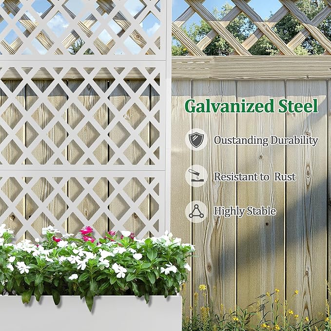 Metal Raised Garden Bed with Trellis and Wheels, 2 in 1 Trellis with Planter Box & Privacy Screen for Climbing Plants, Outdoor Standing Flower Beds with Drainage Holes, 47.2''L×15.7''W×70.9''H, White