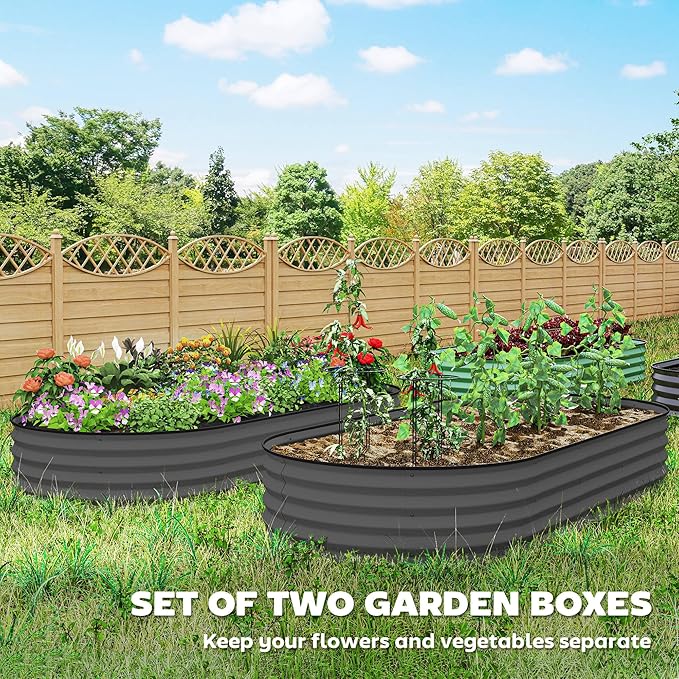 Outsunny 2PCS Galvanized Raised Garden Bed, 7' x 3' x 1' Raised Beds for Gardening with Plant Support Stakes, Rubber Strap Edging and Gloves, Metal Planter Box for Vegetables, Flowers, Dark Gray