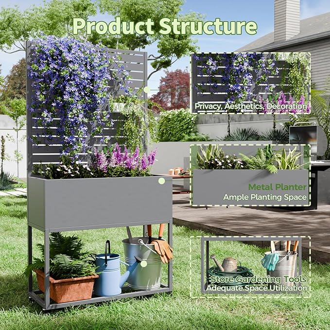 Metal Planter Box with Trellis,67" H x35 W Raised Garden Beds with Privacy Screen for Climbing Plants Flower, Elevated Standing Planter Garden Bed with Drainage Holes for Outdoor Patio,Grey