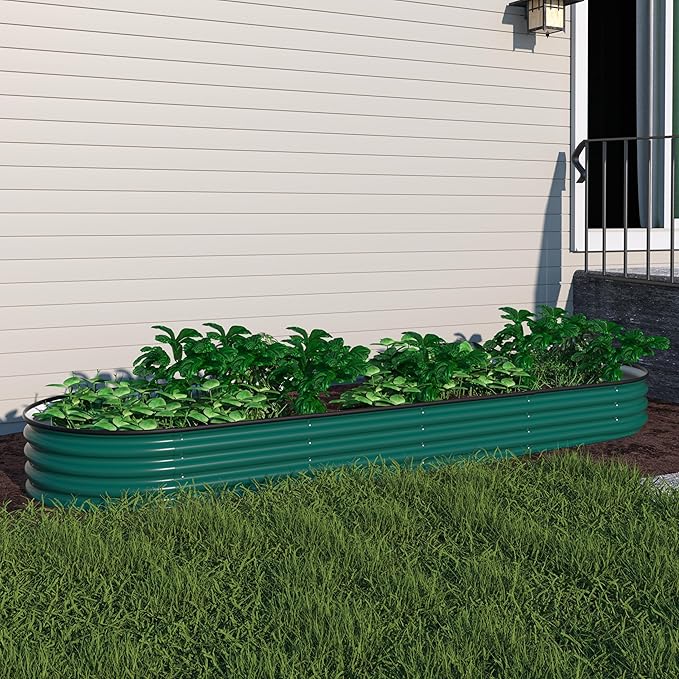 MUPATER 8x2FT Outdoor Raised Garden Bed, 9-in-1 Galvanized Metal Planter Box for Vegetables, 11.1'' H Modular Garden Bed Kit Oval for Herbs and Flowers, Green