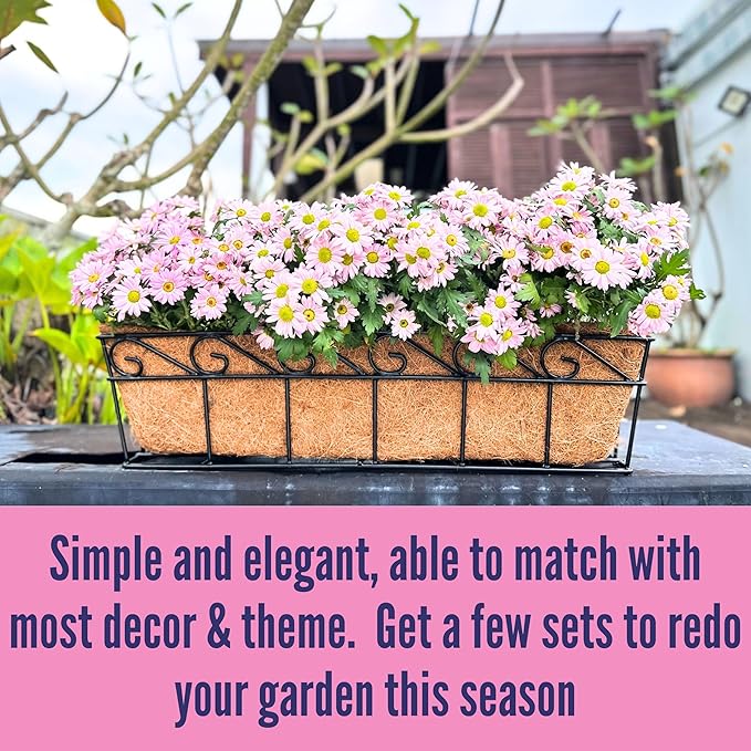 LaLaGreen Large Window Flower Boxes - 2 Pack, 24 Inch Balcony Planter, Deck Railing Planters with Coco Liners Outdoor Wall Pot Plant Holder, Black Metal Horse Trough Fence Patio Porch Over Rail Decor