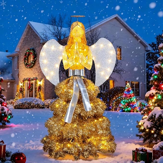 Large Lighted Angel Outdoor Statue for Yard & Garden, Weatherproof LED Decorative Angel for Patio, Lawn & Holiday-Style Outdoor Decor, Gold