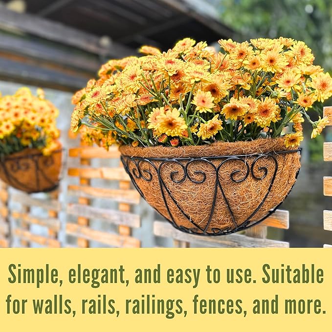 LaLaGreen Outdoor Wall Planters (2 Pack, 14 Inch) Black Metal Wall Mounted Hanging Basket with Coco Liner, Semi-Circle Flower Pot Plant Holder for Fence Railing Deck Porch Balcony French Garden Decor