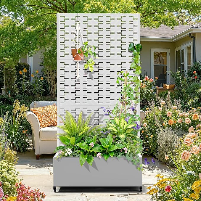 Metal Raised Garden Bed with Trellis, 2-in-1 Planter Box & Privacy Screen for Climbing Plants, Outdoor Standing Flower Bed with Drainage Holes, 35.4" L x 15.7" W x 70.1" H, White-Brick