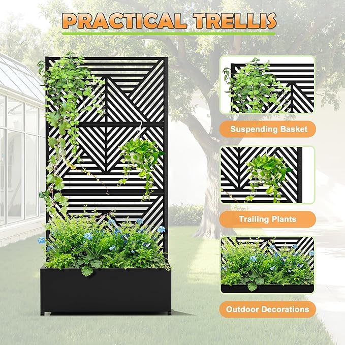 Metal Raised Garden Bed with Trellis, 2-in-1 Planter Box & Privacy Screen for Climbing Plants, Outdoor Standing Flower Bed with Drainage Holes, 35.4" L x 15.7" W x 70.1" H, Black-Zodiac