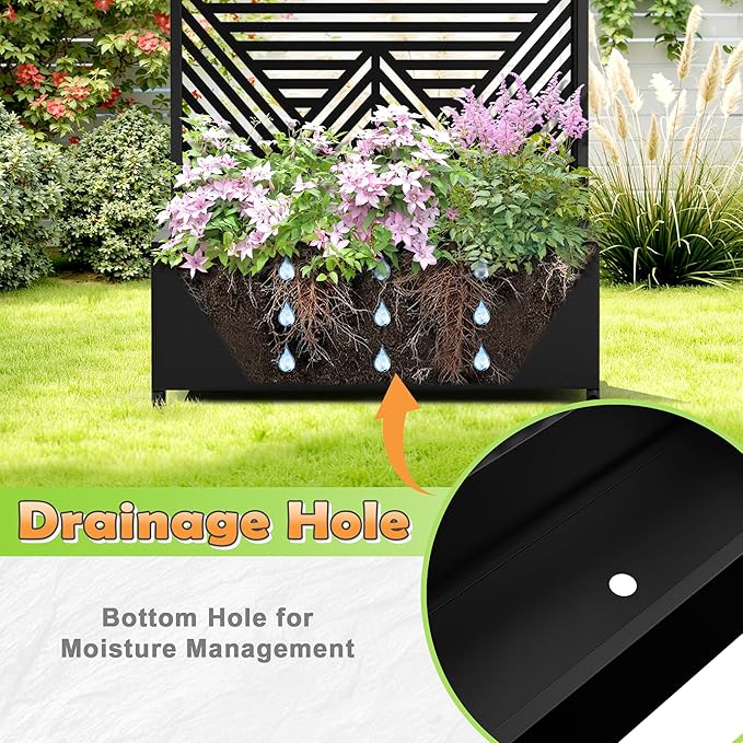 Metal Raised Garden Bed with Trellis, 2-in-1 Planter Box & Privacy Screen for Climbing Plants, Outdoor Standing Flower Bed with Drainage Holes, 35.4" L x 15.7" W x 70.1" H, Black-Zodiac