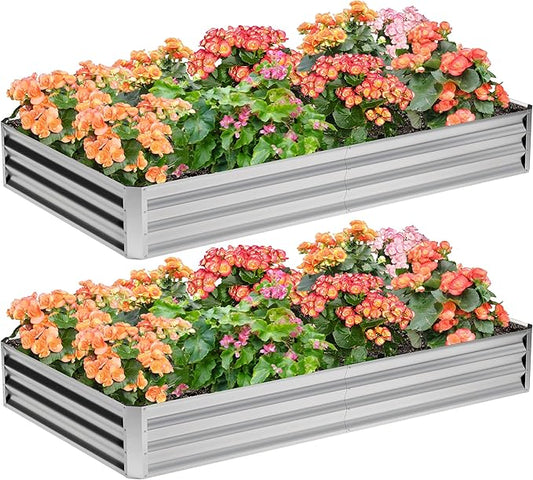 2PCS 8x4x1FT Galvanized Raised Garden Bed,Planter Raised Beds-Metal Garden Box,Large Plant for Outdoor Planting, Vegetables Bed，Flower,herb-Silver