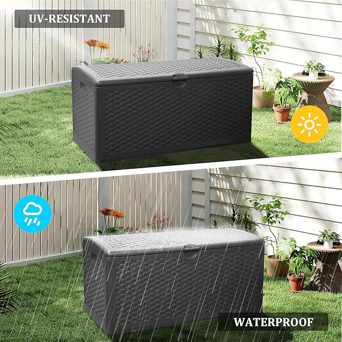 80GAL Deck Box Black，Waterproof Resin Storage Bin， Package Delivery，Garden，Patio Cushions，UV Resistant
