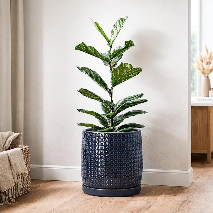 D'vine Dev 10 Inch Ceramic Beaded Stoneware Planter Pot - Flower Pot with Drainage Holes and Saucers for Indoor Succulent Plants or Flowers, Midnight Blue, 27-C-P-3