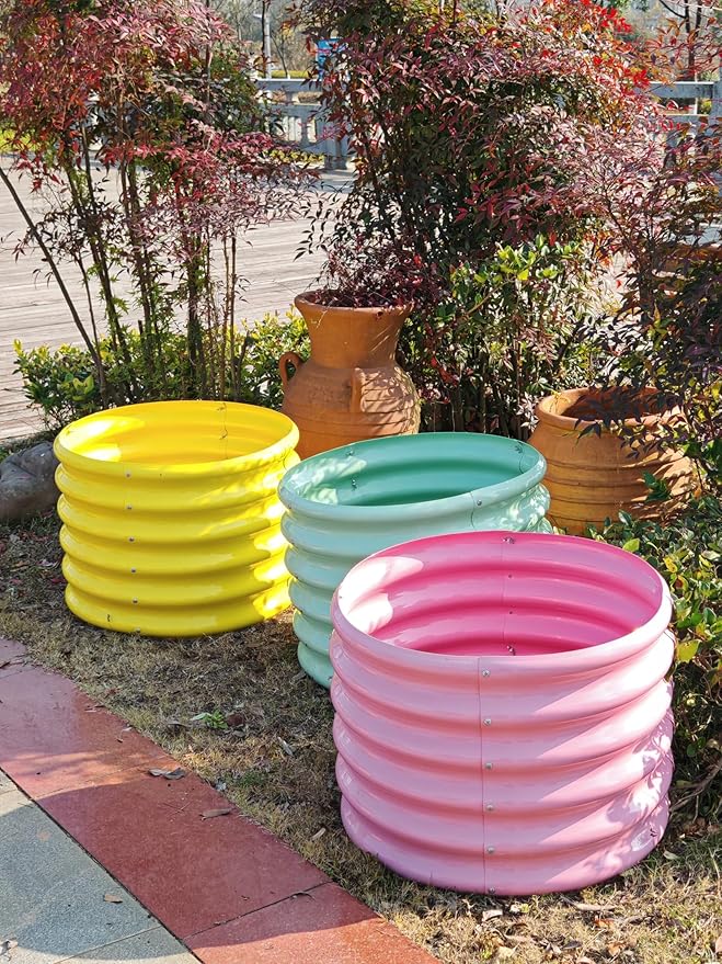 A ANLEOLIFE Kids Mini Raised Garden Beds Outdoor (4-Pack)-24x24x18in Round Galvanized Metal Planter Box for Planting Vegetables, Flowers, Fruits, Eco-Safe & Easy Setup, Blush Pink