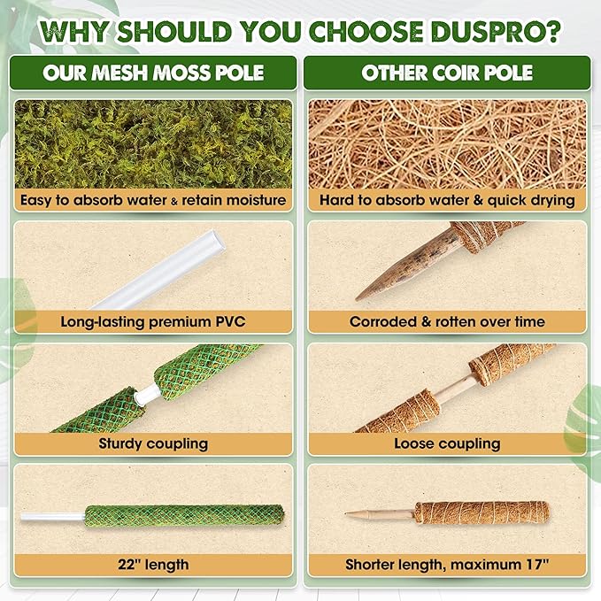 Duspro Green Stackable Mesh Moss Pole for Climbing Vines, Supporting Monstera Trellis, Extendable Plant Pole Moss Sticks, Potted Plant Stakes (4 Pack, 71'')