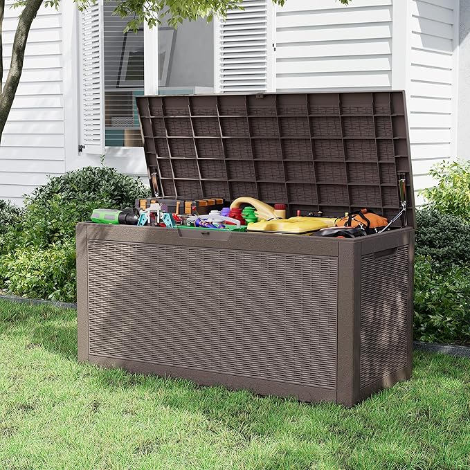NBYSGO Outdoor Storage Box, Resin Deck Boxes Indoor and outdoor, Waterproof Storage Box Lockable Lid (Grey, 110 Gallon)