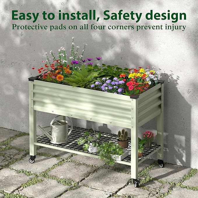 MUPATER 48" L x 24" W x 34" H Galvanized Steel Raised Garden Bed, 507lbs Capacity Large Metal Elevated Raised Planter Box with Rolling Casters & Extra Bottom Shelf for Patio, Balcony, Beige